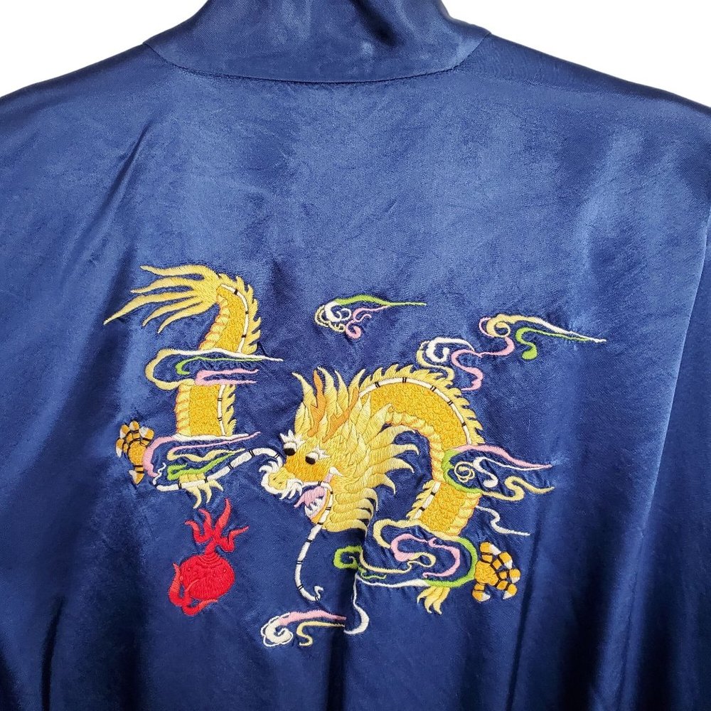 Health Shanghai Size M Kimono Robe Silky Rayon Embroidered Dragon Tie Belt Blue - Picture 7 of 14